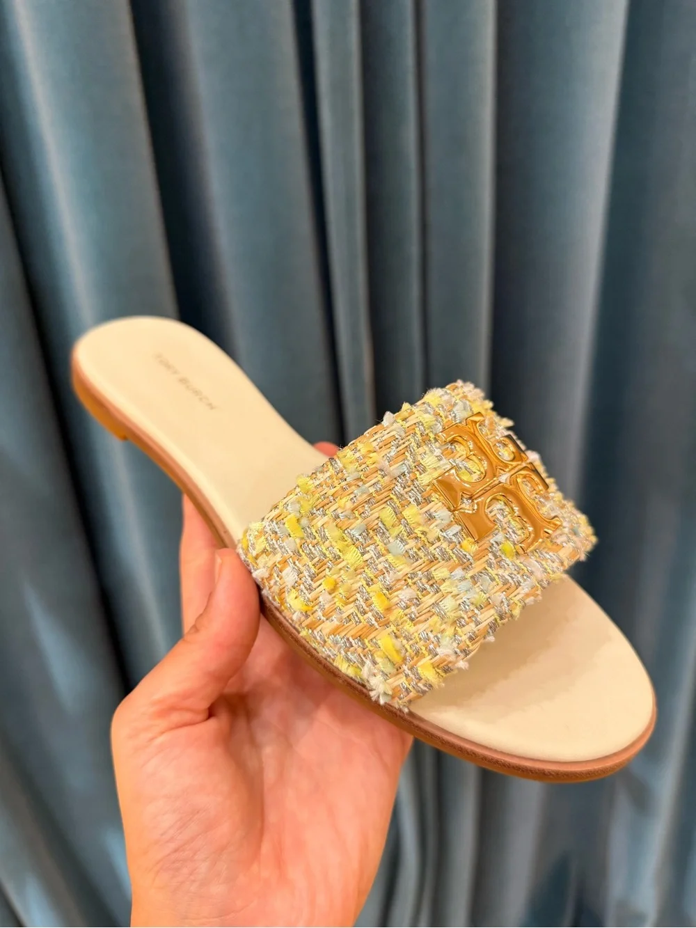 Tory Burch Everly Tweed Flat Slide Sandals Gold Logo Multicolor